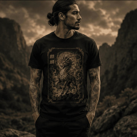 Kirin — O Arauto da Sabedoria, modelo usando a camiseta nas montanhas