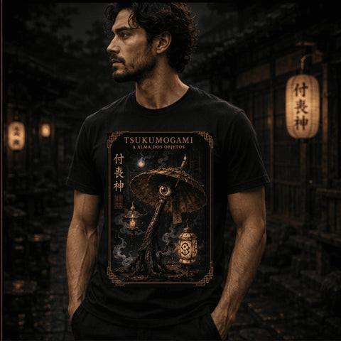 Tsukumogami — A Alma dos Objetos, modelo usando a camiseta em beco japonês