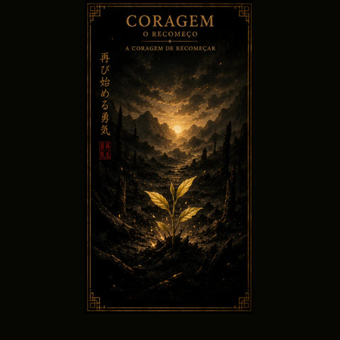Arte Coragem O Recomeço - broto dourado entre as cinzas