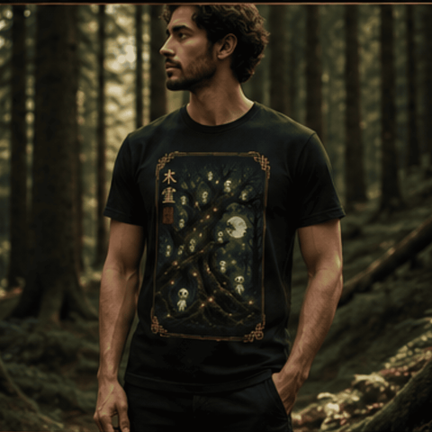 Kodama — O Espírito da Floresta, modelo usando a camiseta na floresta