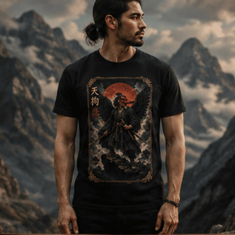 Tengu — O Senhor dos Ventos, modelo usando a camiseta nas montanhas