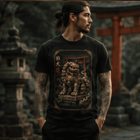 Komainu — O Guardião dos Portões, modelo usando a camiseta em santuário