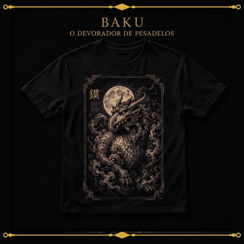 Baku — O Devorador de Pesadelos, camiseta preta com arte