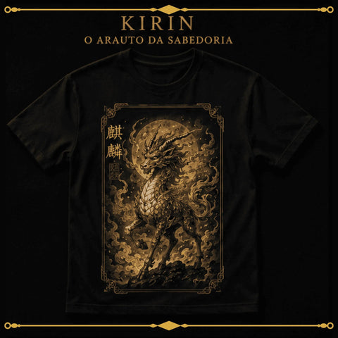Kirin — O Arauto da Sabedoria, camiseta preta com arte dourada